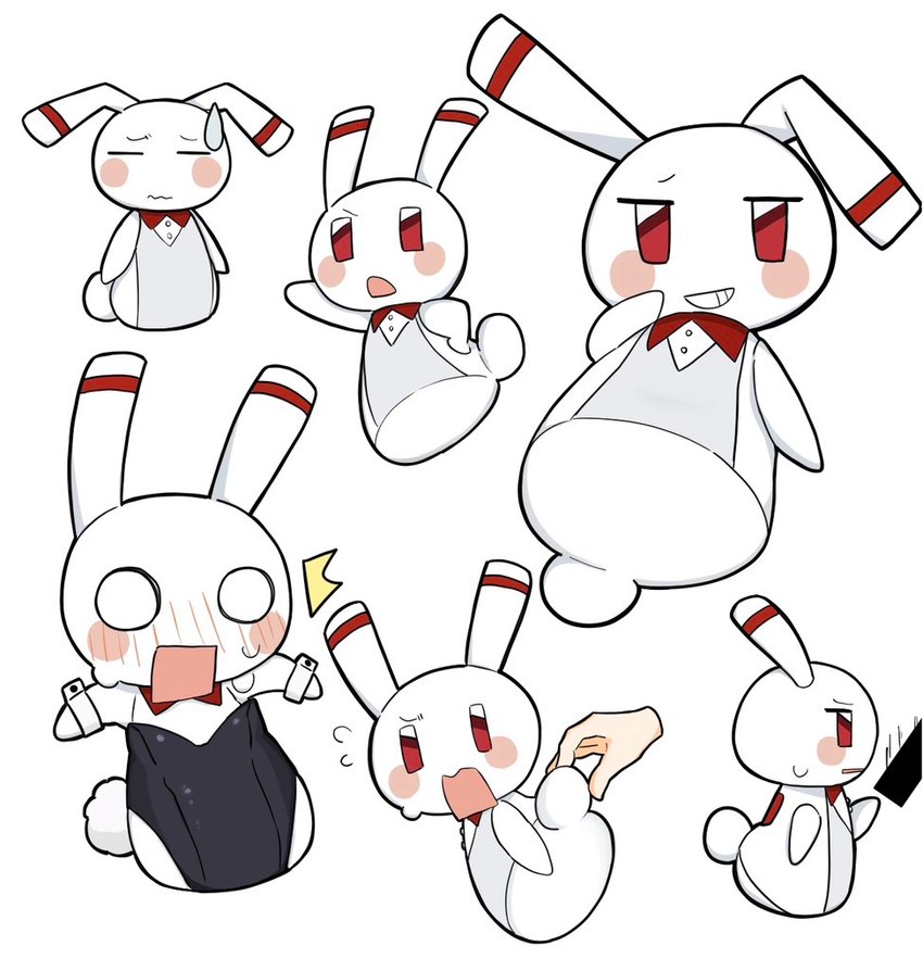 ambiguous_gender anthro blush blush_lines bodily_fluids bunny_costume censor_bar chibi clothing costume machine solo sweat sweatdrop 45_neapolitan robihachi jps-19 lagomorph leporid mammal rabbit robot