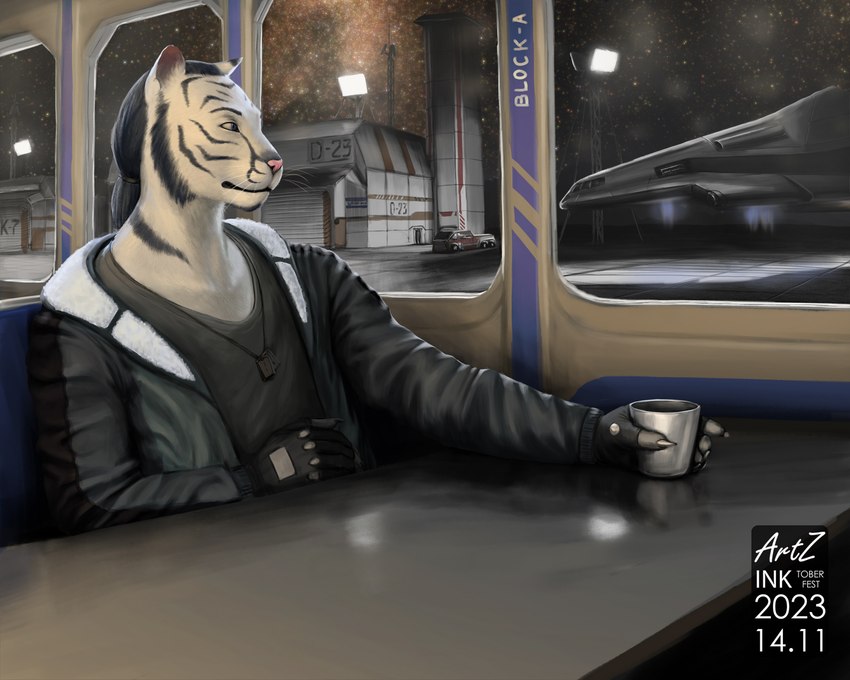 anthro beverage building car claws clothed clothing coffee dog_tags fingerless_gloves furniture futuristic glass gloves hair handwear holding_object jacket jewelry lamp male necklace night science_fiction sitting solo space structure table topwear vehicle window artz2012 microsoft the_elder_scrolls morkleb felid khajiit mammal pantherine tiger 2023 digital_media_(artwork) hi_res signature