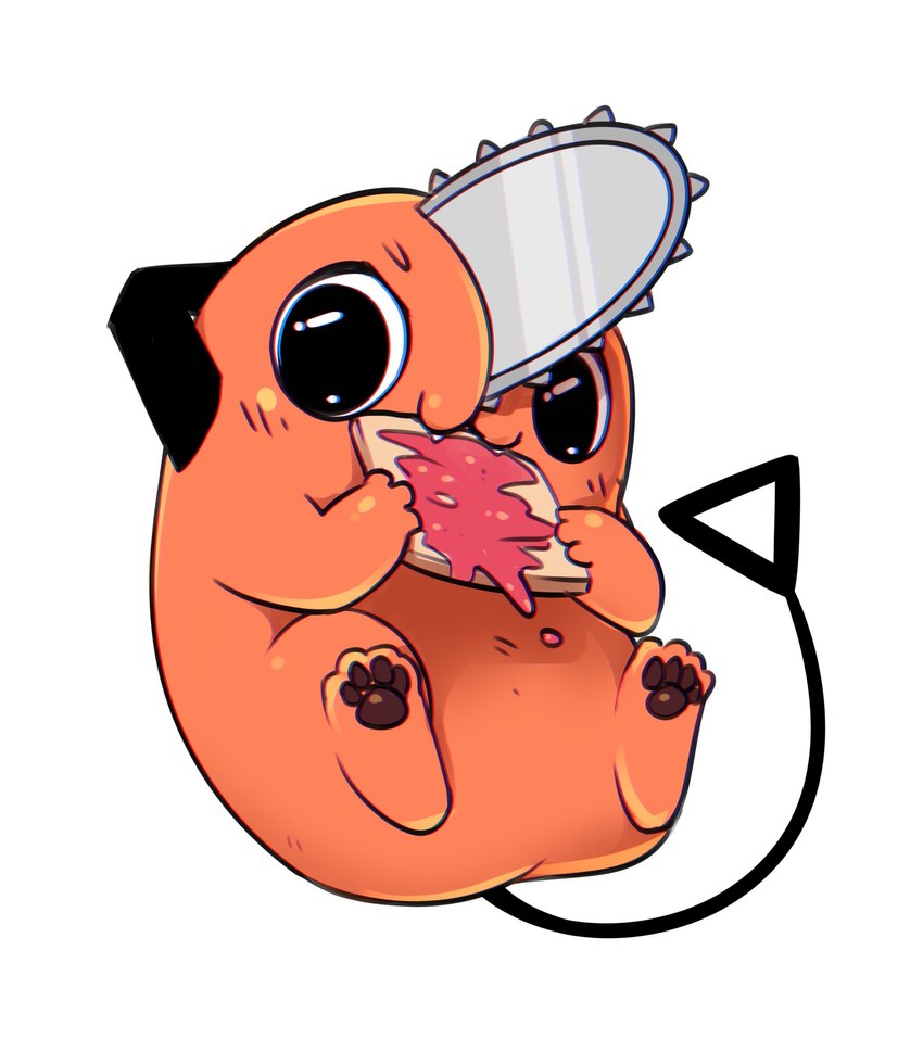 ambiguous_gender bread brown_pawpads chainsaw eating fangs food glistening glistening_eyes holding_food holding_object looking_at_viewer marmalade_(food) orange_body pawpads power_tool simple_background solo teeth tools white_background bloominglynx chainsaw_man pochita_(chainsaw_man) animate_inanimate 2022 digital_drawing_(artwork) digital_media_(artwork) full-length_portrait hi_res portrait