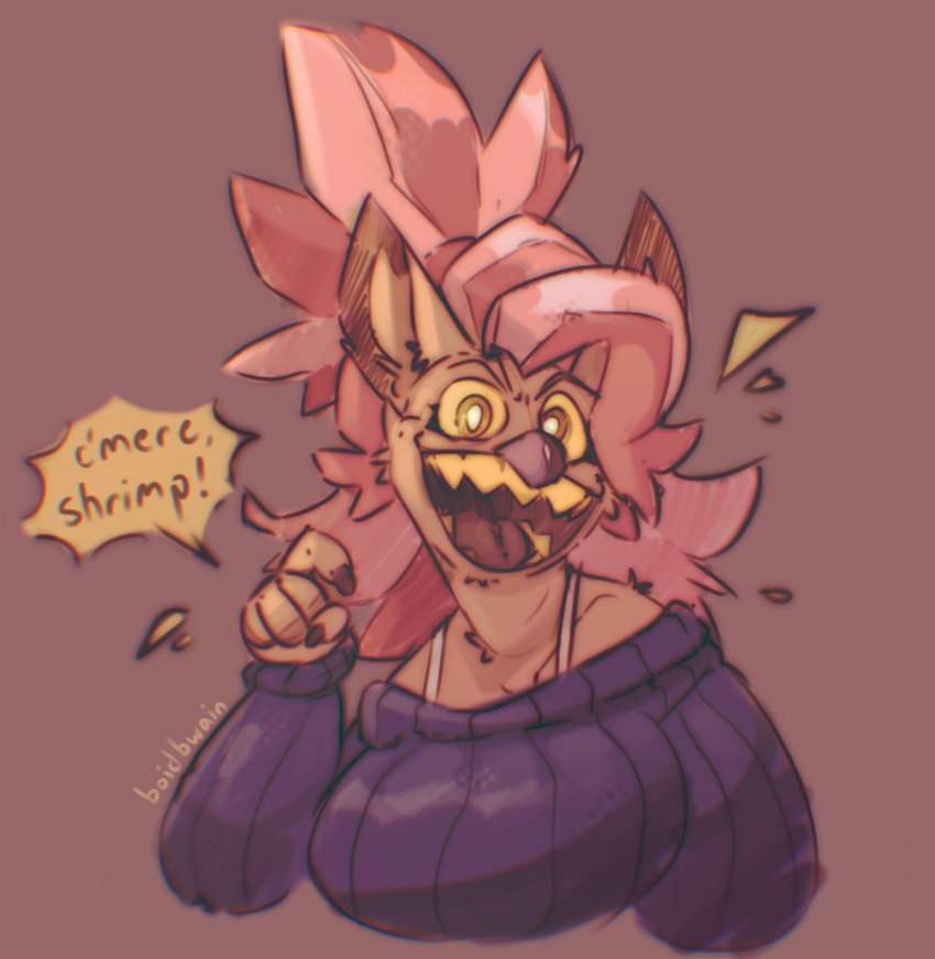 bared_teeth beak bra clothing female hair pink_hair solo speech_bubble sweater teeth text tongue toony toothed_beak topwear underwear boidbwain mads_(boidbwain) avian bird owl owl_demon hi_res