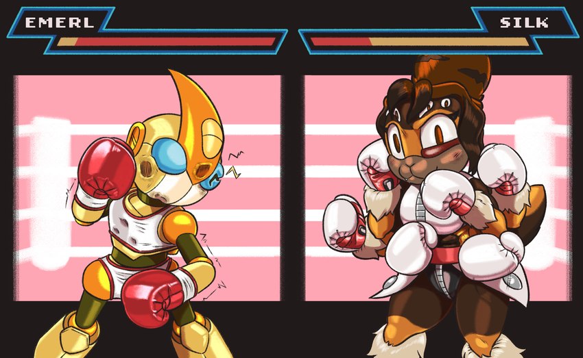 anthro blue_eyes boxing boxing_gloves breasts brown_body brown_eyes brown_hair bruised_eye clothing cute_fangs damaged duo fangs female fighting_ring gameplay_mechanics gui hair hand_tuft handwear health_bar machine male multi_arm multi_eye multi_limb non-mammal_breasts orange_body sport teeth dcheese sega sonic_the_hedgehog_(series) emerl fan_character arachnid arthropod gizoid mygalomorph robot spider tarantula 2022 digital_media_(artwork) hi_res