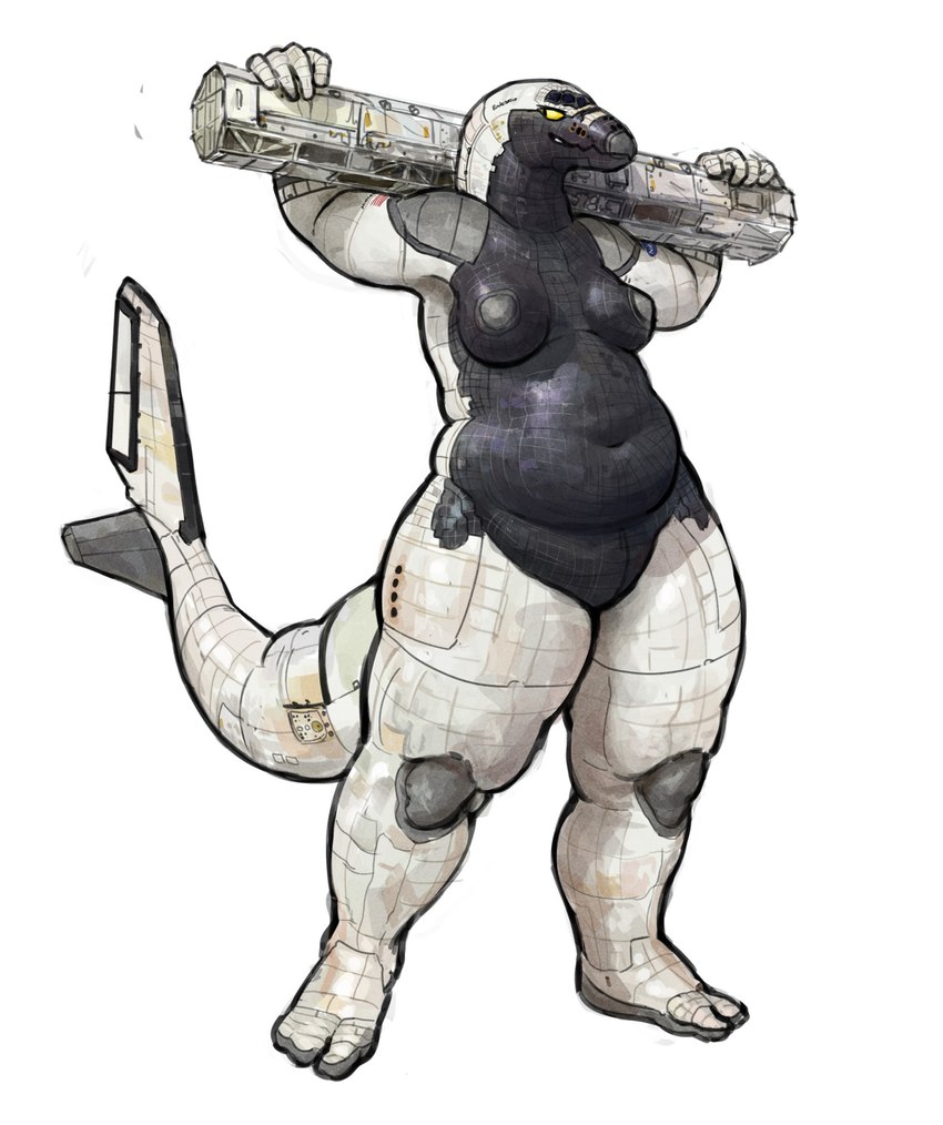 anthro belly black_body black_skin breasts featureless_crotch female holding_object machine navel nipples nude overweight overweight_anthro overweight_female simple_background solo space_shuttle spacecraft standing tail vehicle white_background white_body white_skin cettus living_machine living_vehicle 2023 hi_res