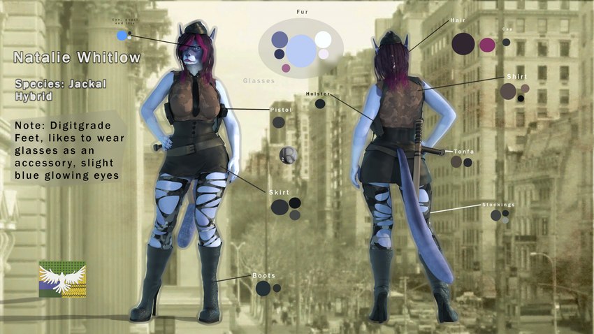 anthro baton boots bottomwear city city_background classical_architecture clothed clothing club_(weapon) color_fur digitigrade digitigrade_footwear dress female footwear fur fur_markings furgonomic_footwear furgonomics gun handgun hat headgear headwear high_heeled_boots high_heels legwear markings melee_weapon neo-classical_architecture nightstick pistol ranged_weapon shoes skirt solo stockings tail text torn_clothing torn_legwear torn_stockings weapon perturbedmania natalie_whitlow canid canine canis domestic_dog humanoid hybrid jackal mammal 3d_(artwork) daz_studio_(artwork) digital_media_(artwork) english_text hi_res model_sheet