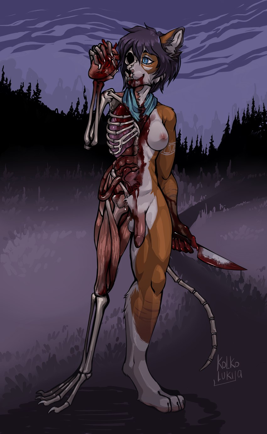 anthro areola balls blood blue_eyes bodily_fluids bone breasts death empty_eye_socket exposed_bone exposed_muscle exposed_organs exposed_rib_cage exposed_skull forest genitals gore gore_focus guts heart_(organ) heart_symbol herm holding_heart_(organ) intersex intestines kerchief killing knife light liver lung macabre neckerchief neckwear night nipples organs penis plant scary skeleton skull solo stomach_(organ) stomach_torture tree kolkolukija domestic_cat felid feline felis mammal undead zombie absurd_res hi_res