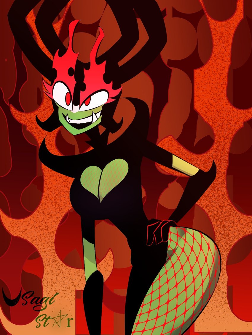 clothed clothing crossgender detailed_background dress female green_body green_skin open_mouth solo usagi_star samurai_jack aku demon humanoid 3:4 hi_res