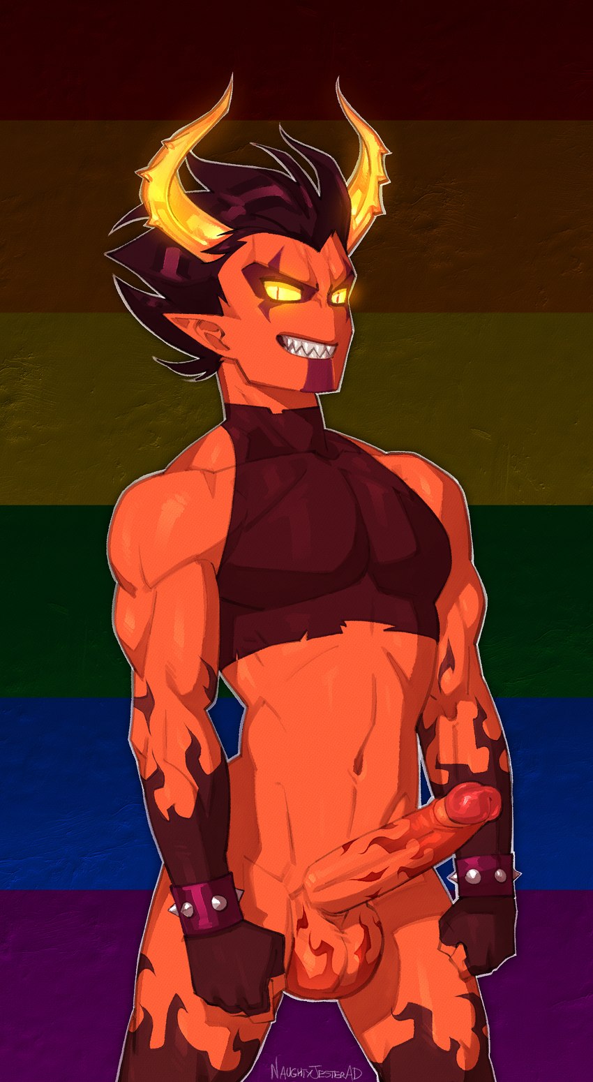 athletic athletic_humanoid athletic_male balls black_body black_hair black_skin bottomless bottomless_humanoid bottomless_male bracelet clothed clothing curved_horn erection genitals hair half-closed_eyes horn humanoid_genitalia humanoid_penis humanoid_pointy_ears jewelry lgbt_pride male markings multicolored_body multicolored_skin muscle_tone narrowed_eyes nude orange_body orange_skin pecs penis pride_color_background pride_colors pupils rainbow_background rainbow_pride_colors red_markings sharp_teeth simple_background six-stripe_rainbow_pride_colors slit_pupils smile smirk smug smug_face smug_grin solo studded_bracelet studded_jewelry studs teeth two_tone_body two_tone_skin yellow_sclera naughtyjester lgbt_pride_month demon demon_humanoid humanoid absurd_res hi_res