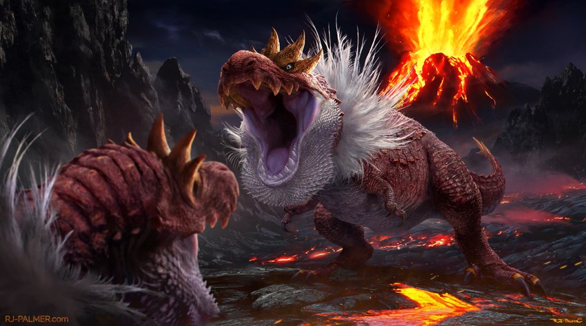 ambiguous_gender biped bipedal_feral claws dark detailed_background duo eruption feathers feral fire head_spikes lava male mountain neck_tuft outside purple_tongue realistic red_body red_claws red_scales rock scales smoke spikes spikes_(anatomy) standing tail teeth text tongue tuft volcanic_eruption volcano white_body white_feathers arvalis mythology nintendo pokemon dinosaur fossil_pokemon generation_6_pokemon pokemon_(species) prehistoric_species reptile scalie theropod tyrannosaurid tyrannosauroid tyrantrum 2021 absurd_res detailed hi_res url