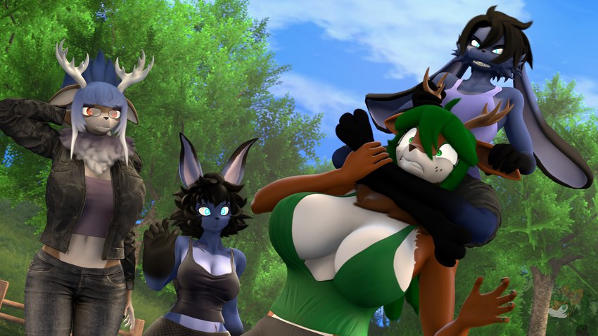 anthro antler_grab antlers big_breasts breasts buckteeth cleavage clothed clothing female green_hair group hair horn mature_female outside plant revamped_anthros size_difference teeth tree donglysfm domi_(domibun) nova_bellflower_(donglysfm) tea_tree_(donglysfm) tuzumi_(domibun) deer lagomorph leporid mammal rabbit 16:9 3d_(artwork) 4k absurd_res digital_media_(artwork) hi_res source_filmmaker_(artwork) widescreen daughter_(lore) mother_(lore) mother_and_child_(lore) mother_and_daughter_(lore) parent_(lore) parent_and_child_(lore) parent_and_daughter_(lore)