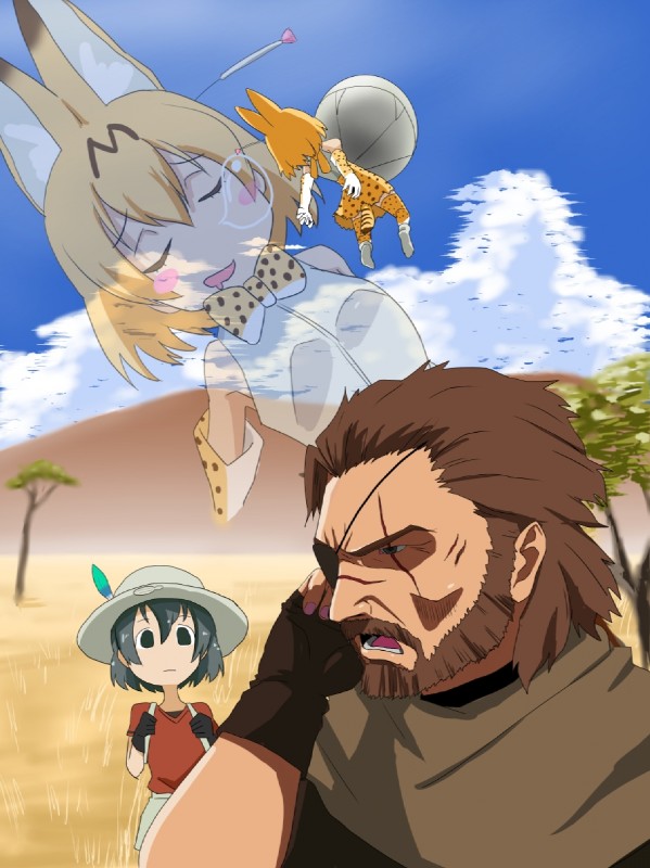 kaban-chan, serval-chan, and venom snake (kemono friends and etc) created by hanamegane