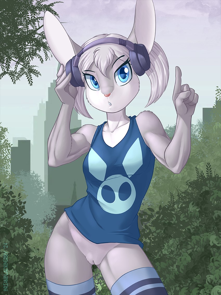 anthro blue_eyes bottomless bottomless_anthro bottomless_female casual_exposure clothed clothing electronics female footwear fur genitals hair headphones legwear pussy shirt socks solo tank_top thigh_highs topwear white_body white_fur white_hair brian_mcpherson cynthia_(brian_mcpherson) cottontail_rabbit lagomorph leporid mammal rabbit 2024 3:4