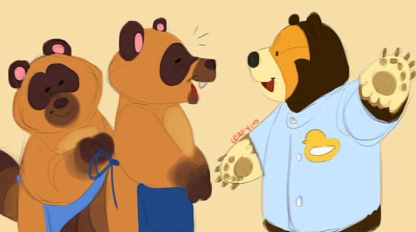 apron biped black_eyes black_nose brown_body clothing dot_eyes group identical_twins paws shirt simple_background topwear young leifyyy animal_crossing nintendo poko_(animal_crossing) timmy_nook tommy_nook bear canid canine mammal raccoon_dog tanuki absurd_res hi_res brother_(lore) brothers_(lore) sibling_(lore) twins_(lore)