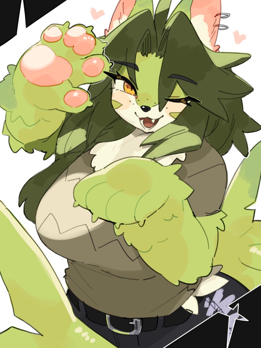 5_fingers anthro belt big_breasts breasts chest_tuft clothed clothing ear_piercing female fingers fur green_body green_fur green_hair hair multicolored_body multicolored_fur one_eye_closed open_mouth pawpads paws piercing pink_inner_ear pink_pawpads shark_tail smile solo tuft wink yellow_eyes kame_3 anchovy_(cursedanchovy) canid canine canis fish hybrid mammal marine shark wolf hi_res