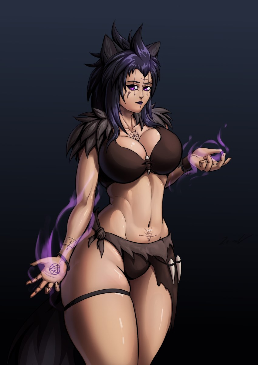 big_breasts bracelet breasts casting_spell clothing dark_body dark_fur dark_hair dark_lipstick female fox_ears fox_tail fur fur_clothing gradient_background hair jewelry leather leather_clothing lipstick long_hair looking_at_viewer magic magic_user makeup markings midriff purple_eyes simple_background solo standing thick_thighs za-owl hili_(za-owl) animal_humanoid canid canid_humanoid canine canine_humanoid fox_humanoid humanoid mammal mammal_humanoid werecanid werecanine werecreature werefox 2024 absurd_res digital_drawing_(artwork) digital_media_(artwork) hi_res