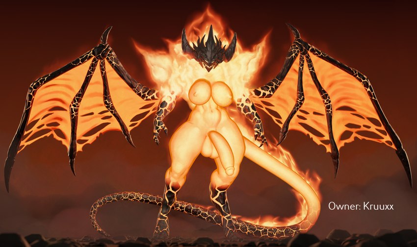 balls big_breasts big_penis breasts fire flaming_body flaming_eyes flaming_tail genitals gynomorph hooves intersex monster_girl_(genre) muscular muscular_gynomorph muscular_intersex navel nipples nude orange_body penis solo tail thick_thighs torn_wing wings apulaz nazahvazul abyssal_netherborne_(kruuxx) demon elemental_creature fire_creature humanoid monster netherborne_(kruuxx) absurd_res hi_res