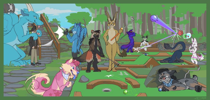 ambiguous_gender anthro ass_up beak bench black_beak black_body black_fur black_hair black_nose black_pawpads black_wings blue_body blue_eyes blue_feathers blue_fur blue_kerchief blue_neckerchief blue_nose blue_scarf blue_tongue brown_body brown_eyes brown_fur brown_nose camera camera_flash claws clothing curled_tail day detailed_background digitigrade ear_piercing ear_ring ear_tuft eye_patch eyewear feathers flag flag_(object) flagpole fur golf_ball grass green_body green_eyes green_fur green_sclera grey_body grey_fur group hair hat hat_only headgear headgear_only headwear headwear_only heterochromia hiding holding_camera holding_cutlass holding_golf_ball holding_golf_club holding_object horn jolly_roger kerchief kerchief_only large_group licking licking_lips licking_own_lips male markings miniature_golf mostly_nude motion_lines narrowed_eyes neckerchief neckerchief_only neckwear nude on_bench outside pawpads paws piercing pink_body pink_fur pink_hair pink_nose pink_pawpads pink_tongue pirate pirate_flag pirate_outfit plant plantigrade ring_piercing scarf scarf_only short_hair sitting sitting_on_bench size_difference snout sound_effects stairs standing star_(marking) tail tail_motion tail_tuft tailwag taking_picture tan_body tan_fur thinking thought_bubble toe_claws tongue tongue_out tree tuft white_body white_claws white_fur white_horn wings yellow_eyes yellow_sclera dyyrlysh mythology alto_(raysnoppa) carcajou avian canid canine canis caracal caracal_(genus) domestic_dog dragon eurasian_lynx felid feline furred_dragon furred_scalie gryphon gulonine human lynx mammal mustelid musteline mythological_avian mythological_creature mythological_scalie scalie sergal siberian_lynx wolverine 2025 absurd_res aliasing aseprite_(artwork) digital_drawing_(artwork) digital_media_(artwork) hi_res pictographics
