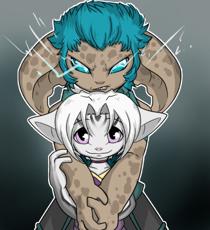 blue_eyes blue_hair duo electricity female hair hand_on_arm hug lightning male purple_eyes romantic romantic_couple threatening white_hair twili_z guild_wars dhibb kiar asura humanoid