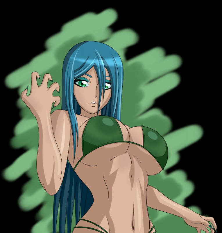 alternate_species big_breasts bikini blue_hair breasts clothing female green_eyes hair humanized long_hair not_furry solo swimwear two-piece_swimsuit under_boob zantyarz friendship_is_magic hasbro my_little_pony queen_chrysalis_(mlp) human mammal alpha_channel hi_res