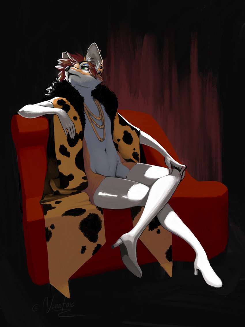 anthro armwear black_background boots classy clothing crossed_legs elbow_gloves femboy footwear fur furniture gloves green_eyes handwear high_heeled_boots high_heels jewelry legwear male navel necklace nude_anthro nude_male orange_body orange_fur red_background relaxing shoes simple_background sitting sofa solo thigh_boots thigh_highs white_body white_boots white_clothing white_footwear white_fur vahnfox canid canine fox mammal hi_res