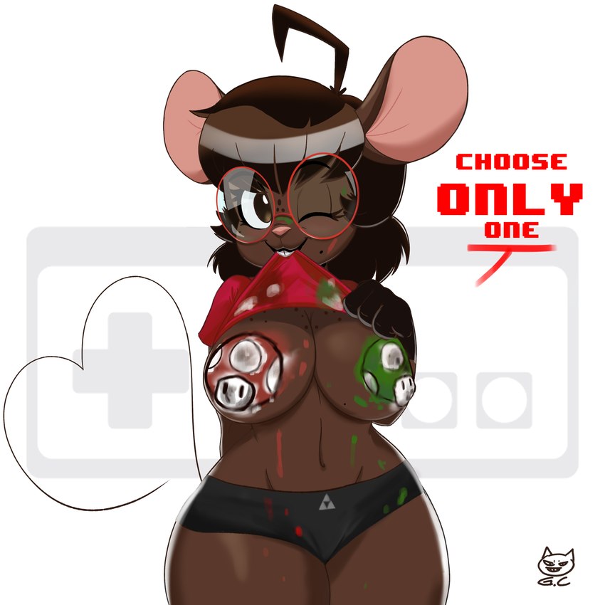 anthro clothing eyewear female fungus glasses mouse_tail mushroom paint pose shirt short_stack solo topwear triforce_symbol gomezcat gwen_geek mario_bros nintendo gwen_martin mammal mouse murid murine rodent 1:1 2023 absurd_res hi_res pinup