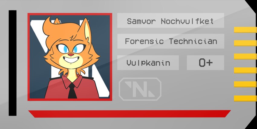 anthro biped black_eyebrows black_necktie black_text blood_type blue_eyes cheek_tuft clothed clothed_anthro clothed_female clothing countershade_face countershade_fur countershade_neck countershading ears_up epaulet eyebrows eyelashes facial_tuft female female_anthro front_view fur fur_tuft hair id_card logo looking_at_viewer necktie no_pupils open_mouth open_smile orange_body orange_ears orange_fur orange_hair orange_tuft orthographic pointy_ears prick_ears red_clothing red_nose red_shirt red_topwear shirt simple_eyes smile solo text topwear tuft yellow_body yellow_countershading yellow_inner_ear chokovit_(artist) space_station_13 samvor_nochvulfket canid mammal vulpkanin 2023 absurd_res bust_portrait character_name colored digital_drawing_(artwork) digital_media_(artwork) english_text hi_res portrait species_name