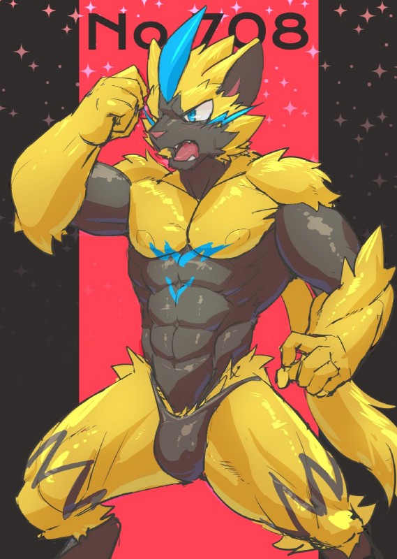 abs anthro blue_eyes blush bulge clothing fur kemono male muscular muscular_anthro muscular_male nipples pecs solo yellow_body yellow_fur tsukigata_rossi nintendo pokemon generation_7_pokemon legendary_pokemon mammal pokemon_(species) zeraora 2018 hi_res