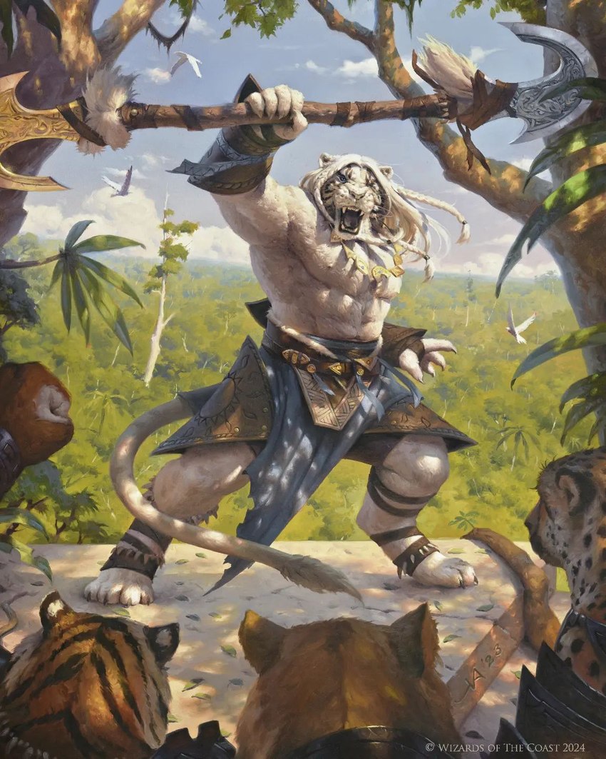 action_pose ambiguous_gender anthro armor axe barefoot biped blue_sky bottomwear braided_mane clothing copyright_symbol feet fist forest fur group holding_axe holding_object jewelry jungle leaf loincloth looking_at_viewer male muscular muscular_anthro muscular_male necklace palm_tree plant pose sky symbol tree white_body white_fur victor_adame_minguez hasbro magic:_the_gathering wizards_of_the_coast ajani_goldmane avian bird cheetah felid feline leonin lion mammal pantherine tiger 2023 4:5 hi_res official_art signature traditional_media_(artwork)