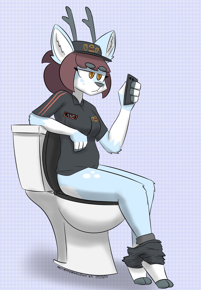 amber_eyes anthro antlers bathroom bored bottomwear bottomwear_down breasts brown_hair clothed clothing electronics fast_food_employee fast_food_uniform female hair halftone_background headgear headwear hooves horn inner_ear_fluff intersex looking_at_object looking_at_phone name_tag pants pants_around_ankles pants_down partially_clothed pattern_background phone shirt simple_background sitting solo tail text toilet toilet_use topwear tuft notmypornaccount lane_(kilinah) deer mammal 2025 absurd_res digital_media_(artwork) english_text halftone hi_res trans_(lore) trans_woman_(lore)