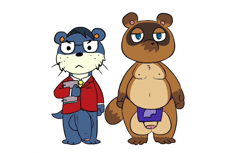 anthro balls big_balls big_penis blue_balls bottomless clothed clothing duo flaccid foreskin genitals huge_balls huge_penis male navel necktie penis simple_background slightly_chubby tan_balls white_background inubashiri animal_crossing nintendo lyle_(animal_crossing) tom_nook_(animal_crossing) canid canine mammal mustelid otter raccoon_dog tanuki