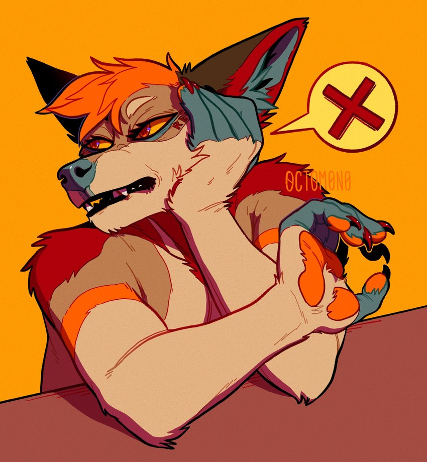 anthro arm_tuft blue_nose brown_body brown_fur fangs fur glistening glistening_eyes hair male open_mouth orange_eyes orange_hair red_body red_fur short_hair shoulder_tuft simple_background solo tan_body tan_fur teeth text tuft yellow_background yellow_sclera 0ct0m0n0 canid canine mammal artist_name hi_res