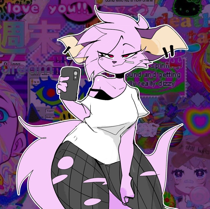 abstract_background anthro big_tail blush blush_lines breasts cellphone clothed clothing collar collarbone electronics female fingers fishnet_clothing fishnet_legwear fur hair hair_over_eye legwear looking_at_viewer off_shoulder one_eye_obstructed phone piercing pink_body pink_fur pink_hair psychedelic_background purple_ears purple_nose selfie smile smug solo tail text text_in_background thick_thighs tights torn_clothing torn_fishnet_clothing torn_legwear weirdcore ri_denueth emie domestic_cat felid feline felis mammal absurd_res digital_media_(artwork) hi_res