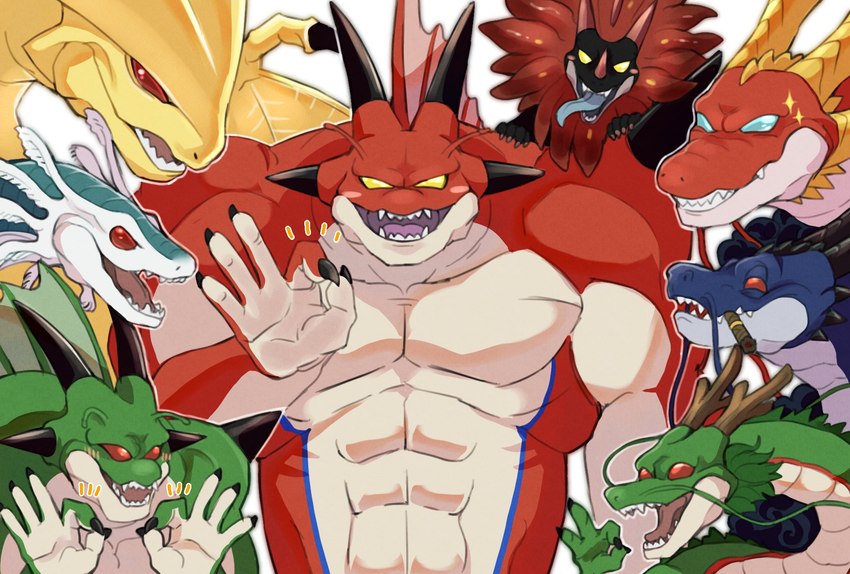 abs antennae_(anatomy) anthro gesture group hand_gesture horn male ok_sign pecs smile d_norainu_b dragon_ball dragon_ball_daima dragon_ball_super dragon_ball_z mythology black_smoke_shenron demon_realm_porunga porunga shenron super_shenron dragon eastern_dragon mythological_creature mythological_scalie scalie hi_res tagme