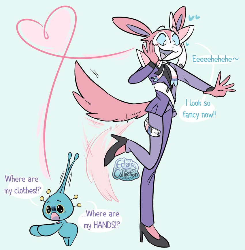 ambiguous_gender antennae_(anatomy) anthro blue_border blush blush_stickers body_swap border bottomwear bow_ribbon clothing confusion duo footwear hand_on_face heart_symbol high_heels jacket one_leg_up pants raised_leg shoes tail tail_motion tailwag text topwear eclairscollection nintendo pokemon berri_(eclairscollection) berri_(some_nerd) eeveelution generation_4_pokemon generation_6_pokemon legendary_pokemon manaphy pokemon_(species) sylveon english_text female_(lore) nonbinary_(lore)