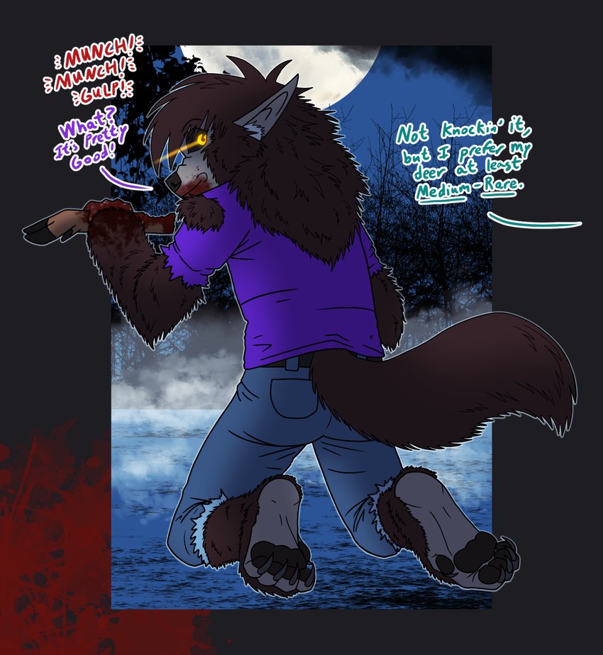 after_transformation anthro blood blood_on_face bodily_fluids brown_body brown_fur claws clothing eating fog forest forest_background full_moon fur glowing glowing_eyes hard_vore hooves kneeling long_ears looking_back male moon nature nature_background night offscreen_character pawpads plant severed_body_part smile solo sound_effects text torn_clothing tree vore yellow_eyes syntaxgamma mythology canid canine deer mammal mythological_canine mythological_creature werecanid werecanine werecreature werewolf english_text hi_res