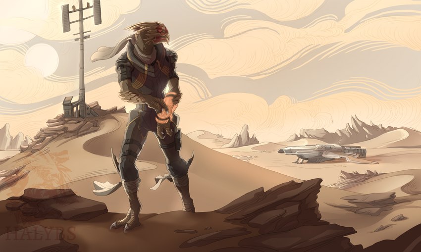 barefoot bodypaint bottomwear clothed clothing cloud desert dunes face_paint feet looking_aside male omni-tool outside pants rock sand scarf short-sleeve_shirt solo spacecraft standing sun vehicle walking halybs bioware electronic_arts mass_effect cassian_victus alien humanoid turian cloudy_(disambiguation) hi_res