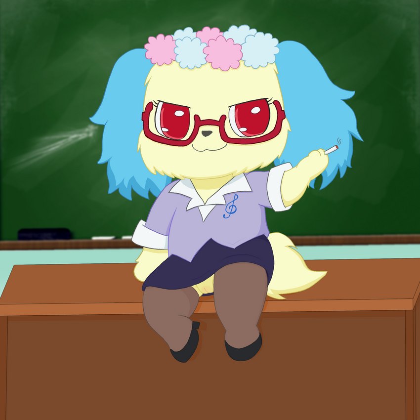 accessory anthro blue_body blue_fur bottomwear chibi cigarette classroom clothing desk eyewear female floppy_ears flower flower_garland flower_in_hair fluffy fluffy_ears fluffy_tail footwear fur furniture g_clef genitals glasses hair hair_accessory legwear lop_ears musical_clef musical_symbol pantyhose plant possession pussy red_eyes school semi-anthro shoes skirt smoking smug solo spread_legs spreading symbol table tail tan_body tan_fur teacher treble_clef underwear yellow_body yellow_fur masterlinkx jewelpet sanrio sega sega_fave sapphie_(jewelpet) bird_dog canid canine canis cavalier_king_charles_spaniel domestic_dog hunting_dog mammal spaniel toy_dog 1:1 hi_res