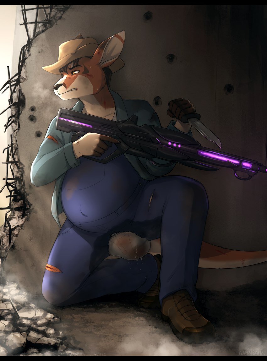 anthro biped birth black_bars blocked_birth clothed clothing countershade_face countershade_tail countershading duo fingers hat headgear headwear holding_knife holding_object knife laser_rifle male pregnant pregnant_anthro pregnant_male tail young bahnbahn kole_(nauta) kangaroo macropod mammal marsupial absurd_res hi_res letterbox father_(lore) father_and_child_(lore) maleherm_(lore) parent_(lore) parent_and_child_(lore)