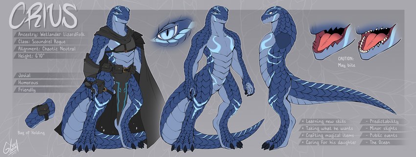 anthro armor belt belt_pouch bottomwear claws cloak clothing digitigrade loincloth male open_mouth scales solo standing tail teeth noronori crius_(offline_user) lizardman scalie hi_res model_sheet