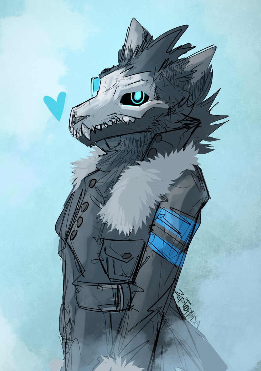 ambiguous_gender anthro black_body black_fur blue_eyes clothed clothing fur hair smile solo zeptophidia noble_(nobledreameater) canid canine canis domestic_dog mammal skulldog_(species) wolf digital_media_(artwork) hi_res