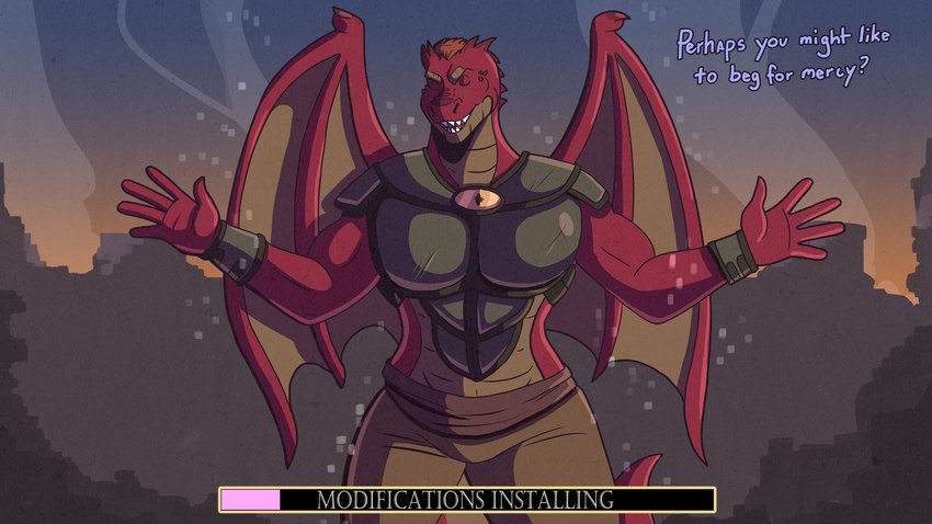 anthro armor bottomwear bracers breastplate clothing dialogue eyes_closed feminization gameplay_mechanics magic male membrane_(anatomy) membranous_wings midriff oblivious outfit_change pants shrinking size_transformation smile smug solo teeth text transformation wings volkenfox mythology dragon mythological_creature mythological_scalie scalie english_text hi_res