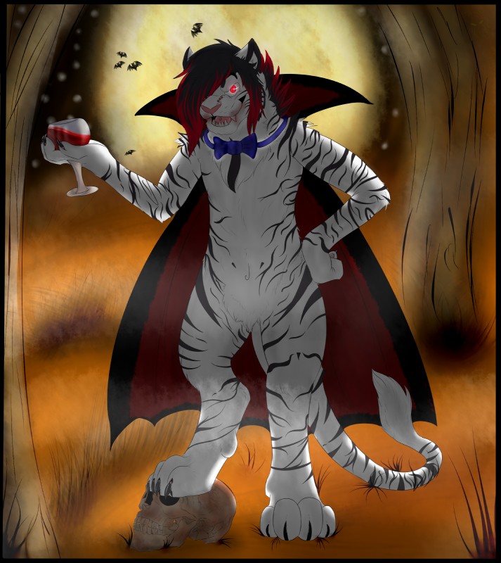 4_toes alcohol anthro beverage biped black_stripes bone bow_(feature) bow_tie claws detailed_background feet fur group hair holding_glass holding_object holidays leaning looking_at_viewer male mostly_nude paws red_eyes skull solo_focus standing stripes toe_claws toes white_body white_fur wine kibacreations halloween marvain ambient_bat ambient_flier bat felid mammal pantherine tiger vampire absurd_res digital_media_(artwork) hi_res