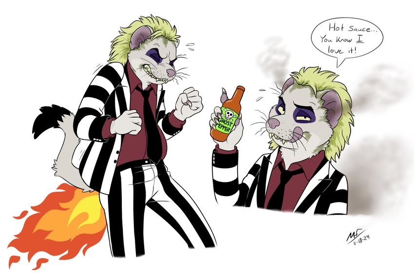 anthro clothing fangs fart farting_fire fire fire_fart flaming_fart food hot_sauce licking licking_lips male necktie pattern_clothing pattern_suit smoke_from_ears smoking solo speech_bubble striped_clothing striped_suit stripes suit teeth tongue moodyferret beetlejuice wezelgeuse ghost long-tailed_weasel mammal mustelid musteline spirit true_musteline undead weasel