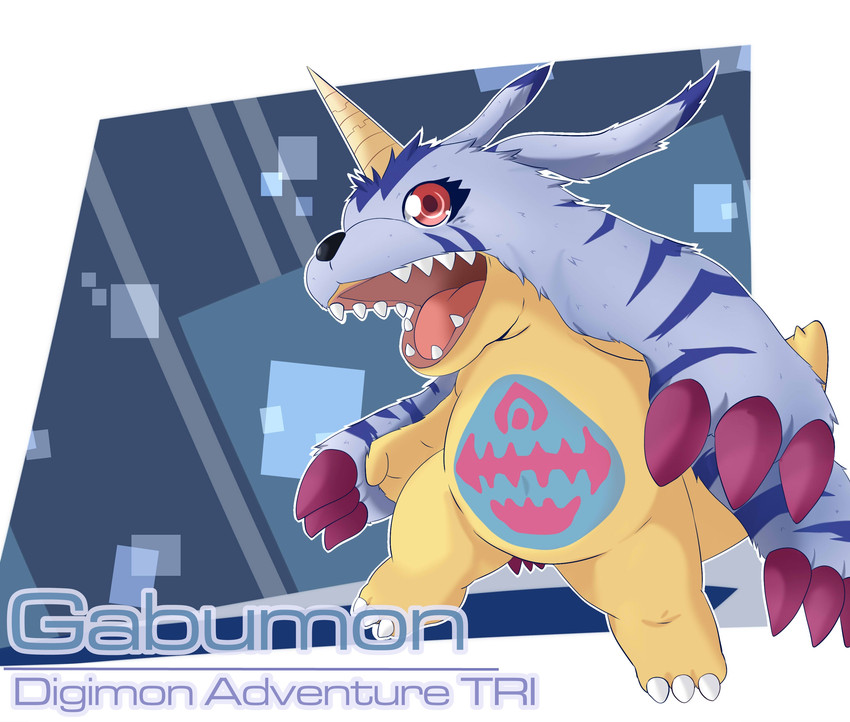 ambiguous_gender animal_skin claws feral fur horn markings open_mouth red_eyes simple_background solo teeth text toe_claws tongue white_body white_fur yellow_body toruu bandai_namco digimon digimon_(species) gabumon mammal scalie absurd_res english_text hi_res