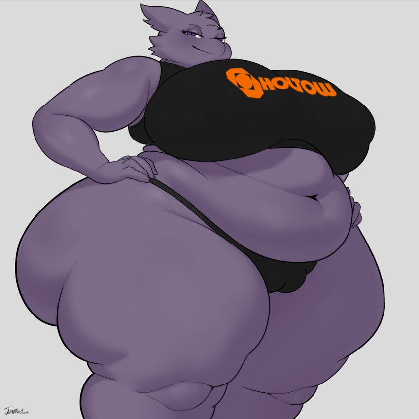 anthro belly big_belly big_breasts big_butt breasts butt camel_toe clothing deep_navel female fur hands_on_hips huge_breasts huge_butt huge_thighs navel nipple_outline overweight overweight_anthro overweight_female plump_camel_toe purple_body purple_eyes purple_fur solo thick_thighs tight_clothing wide_hips bayushkit nintendo pokemon generation_1_pokemon gengar pokemon_(species) hi_res