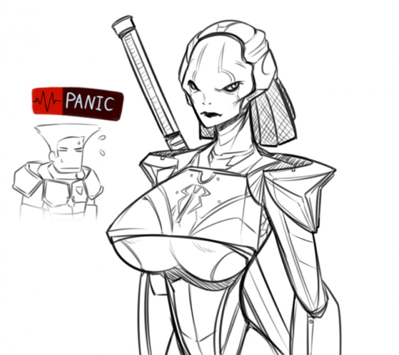 armor big_breasts bodily_fluids breasts clothed clothing duo female fully_clothed male sweat lewdreaper x-com the_assassin_(x-com) alien humanoid the_chosen sketch