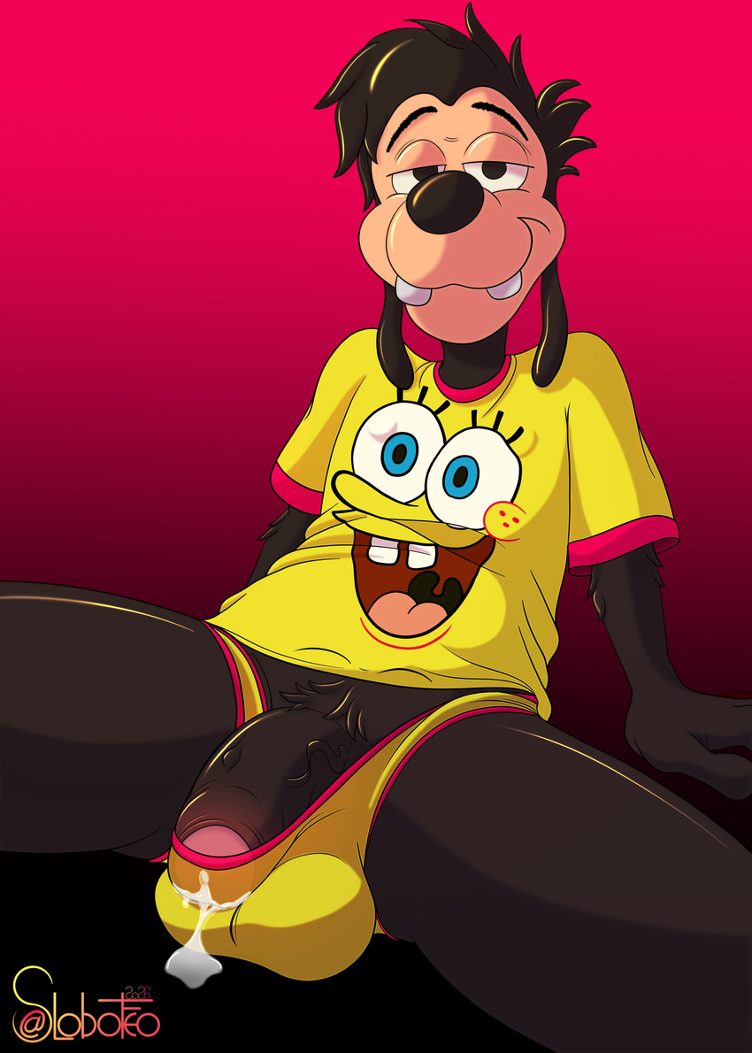 anthro aroused_smile bodily_fluids bottomless bottomless_male clothed clothing cum cum_drip dripping genital_fluids male print_clothing print_shirt print_topwear shirt solo topwear underwear wet wet_clothing wet_underwear conditional_dnp lobofeo disney goof_troop nickelodeon spongebob_squarepants max_goof spongebob_squarepants_(character) canid canine canis domestic_dog mammal absurd_res hi_res