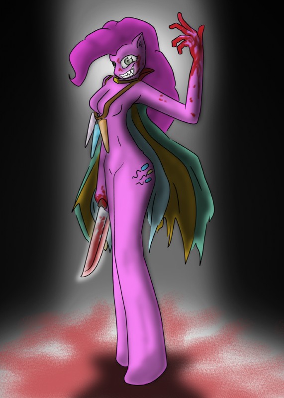 anthro anthrofied blood blue_eyes bodily_fluids cape clothing female hair insane knife pink_hair simple_background solo weapon claustrophobic_vampire cupcakes_(mlp_fanfic) friendship_is_magic hasbro my_little_pony pinkie_pie_(mlp) earth_pony equid equine horse mammal pony hi_res