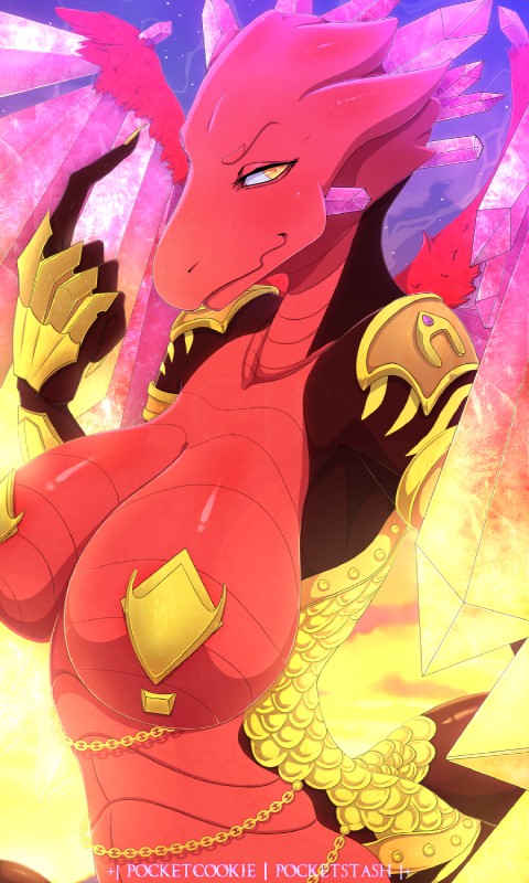 anthro big_breasts breasts female horn looking_at_viewer nipple_armor nipple_piercing nipple_shield nipples non-mammal_breasts piercing smile solo wings pocketcookie mythology dragon mythological_creature mythological_scalie scalie 3:5 hi_res