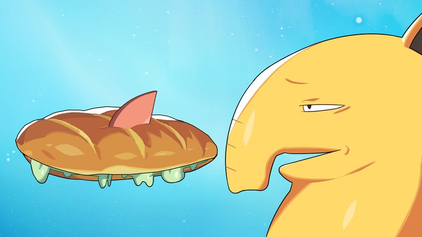 black_eyes blue_background food narrowed_eyes open_mouth sandwich_(food) side_view simple_background solo yellow_body yellow_ears yellow_nose drunk_oak nintendo pokemon drowzee generation_1_pokemon pokemon_(species) 16:9 2022 hi_res widescreen