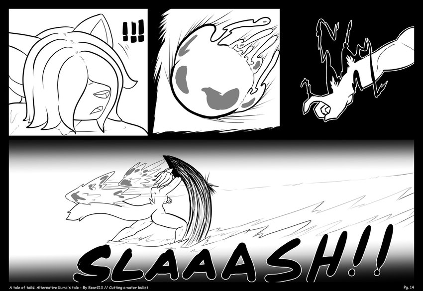 anthro female magic nude onomatopoeia solo sound_effects text water bear213 kuma's_tale lillie_krasnie ailurid mammal red_panda comic english_text greyscale monochrome