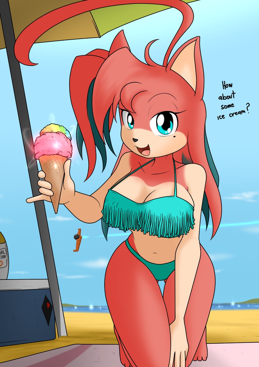 anthro beach big_breasts bikini breasts cleavage clothed clothing cooler curvy_figure dessert detailed_background dialogue eyelashes feet female fingers food fur hair highlights_(coloring) huge_breasts ice_cream long_hair looking_at_viewer markings mole_(marking) multicolored_body multicolored_fur multicolored_hair navel red_body red_fur red_hair sea seaside smile solo swimwear talking_to_viewer tan_body tan_fur teal_eyes teal_hair teal_highlights text thick_thighs toes tongue two-piece_swimsuit two_tone_body two_tone_fur umbrella voluptuous water wide_hips sandwich-anomaly no_man's_sky juno_(redwulfi) eulipotyphlan hedgehog mammal 2020 digital_media_(artwork) english_text hi_res